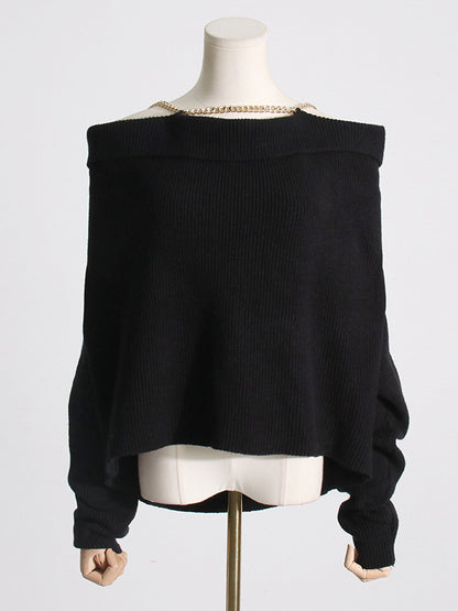 Long Sleeves Loose Chains Heaps Collar Knitwear Pullovers Sweater Tops