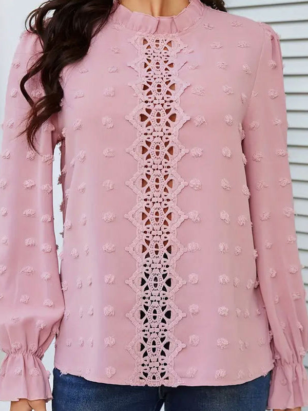 Flared Sleeves Long Sleeves Elasticity Hollow Jacquard Ruffled Solid Color Split-Joint Stand Collar T-Shirts Tops