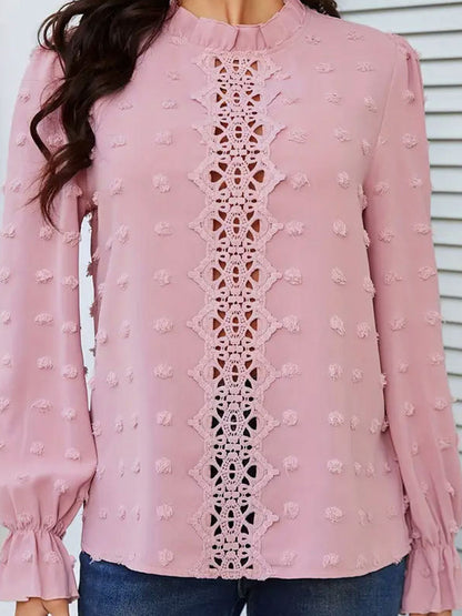 Flared Sleeves Long Sleeves Elasticity Hollow Jacquard Ruffled Solid Color Split-Joint Stand Collar T-Shirts Tops