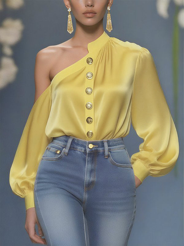 Long Sleeves Loose Asymmetric Buttoned Pleated Solid Color One-Shoulder Blouses&Shirts Tops
