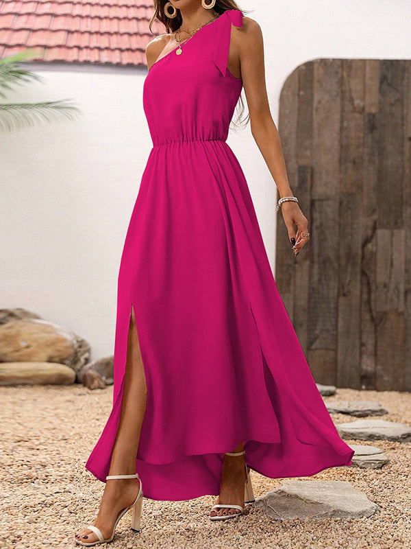 A-Line High Waisted Asymmetric Elasticity Pleated Solid Color Split-Side Tied One-Shoulder Maxi Dresses
