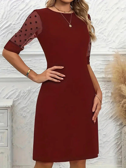 A-Line Half Sleeves Polka-Dot See-Through Solid Color Split-Joint Round-Neck Mini Dresses