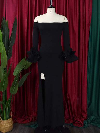 Bodycon Flared Sleeves Falbala Solid Color Split-side Off-the-shoulder Maxi Dresses