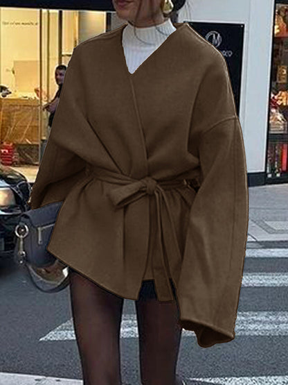 Long Sleeves Loose Solid Color Tied Waist V-Neck Outerwear