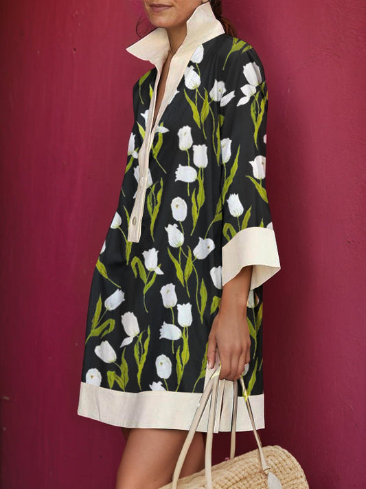 A-line Loose Buttoned Flower Print Stand Collar Mini Dresses