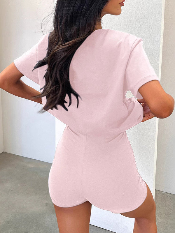 Loose Short Sleeves Solid Color Split-Joint V-Neck T-Shirt + Shorts Two Pieces Set