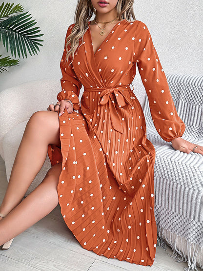 High Waisted Long Sleeves Pleated Polka Dot Tied Waist V-Neck Maxi Dresses Shirt Dress