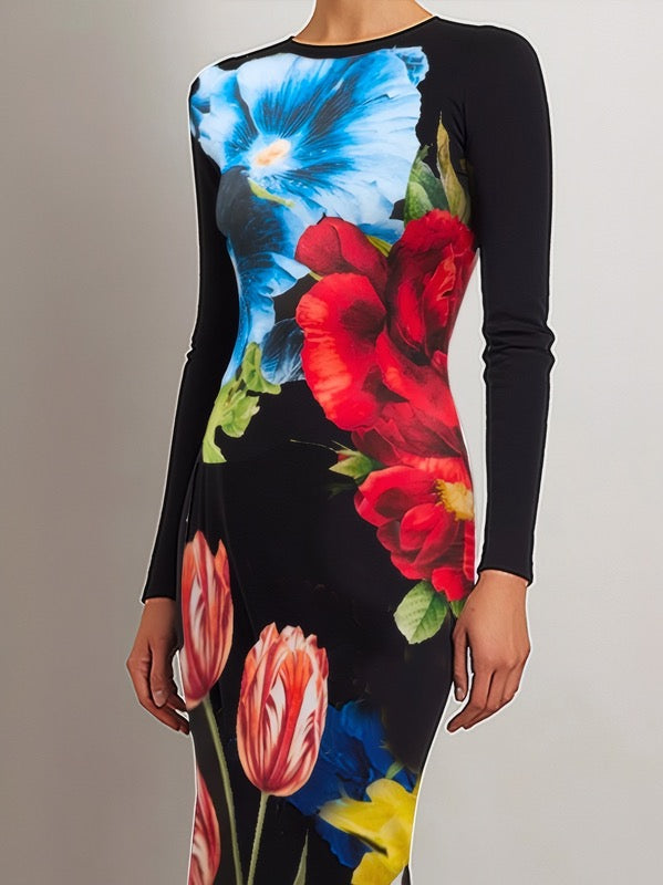 Bodycon Long Sleeves Flower Print Round-neck Maxi Dresses