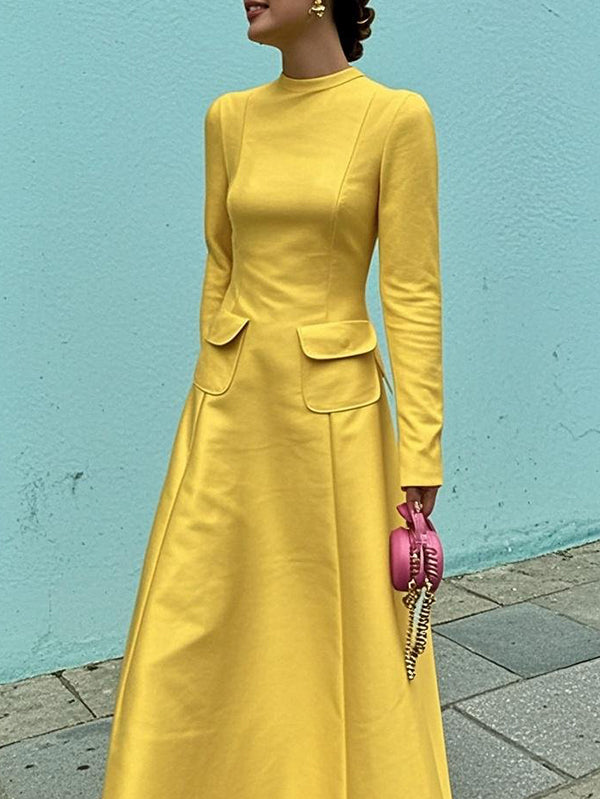 A-Line Long Sleeves Pockets Solid Color Mock Neck Maxi Dresses