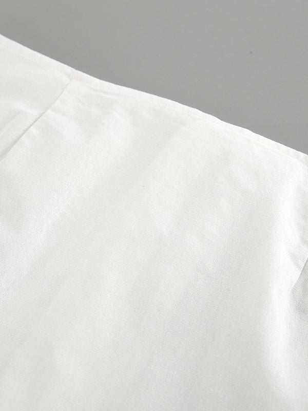 Solid Color Puff Sleeves Split-Joint Stand Collar Blouses + Pleated High Waisted Skirts Two Pieces Set