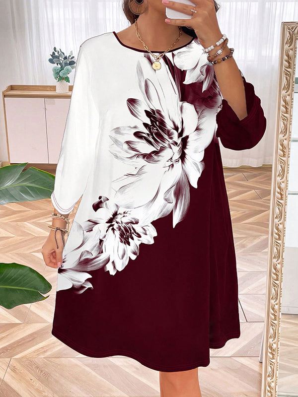 A-Line Long Sleeves Flower Print Split-Joint Round-Neck Midi Dresses