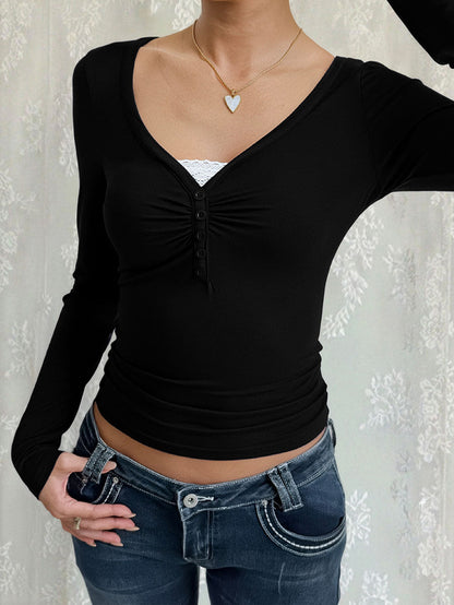 False Two Long Sleeves Buttoned Pleated Solid Color Split-Joint V-Neck T-Shirts Tops