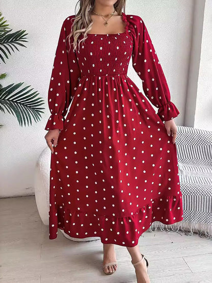 High Waisted Long Sleeves Pleated Polka Dot Ruffled Square-Neck Maxi Dresses Shirt Dress