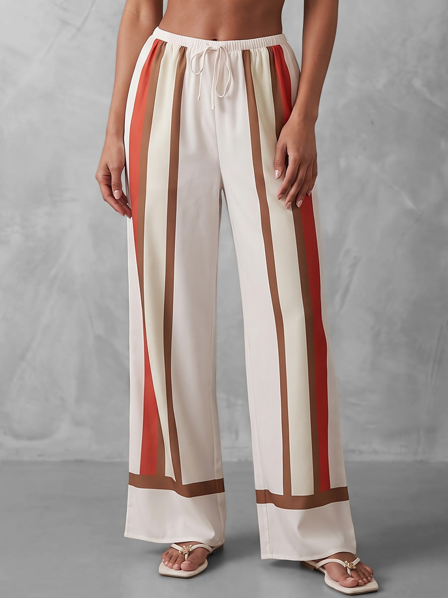 High Waisted Wide Leg Contrast Color Drawstring Elasticity Pockets Pants Trousers
