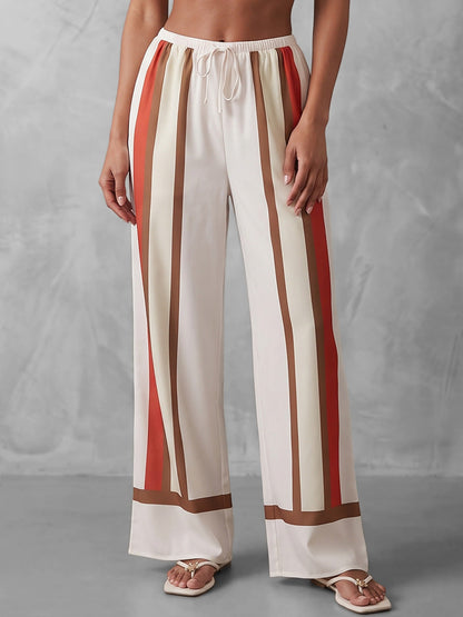 High Waisted Wide Leg Contrast Color Drawstring Elasticity Pockets Pants Trousers