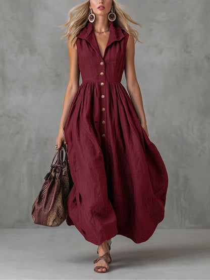 High Waisted Loose Buttoned Pleated Solid Color Lapel Maxi Dresses