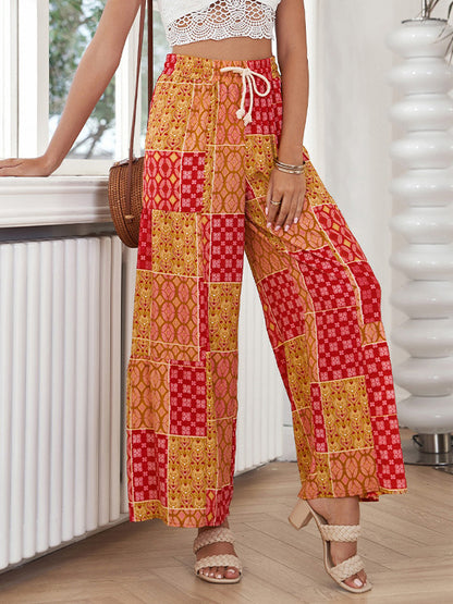 High Waisted Loose Drawstring Pleated Printed Pants Trousers