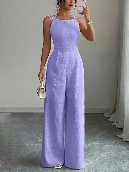 Zipper Split-Joint Solid Color Jacquard Wide Leg Sleeveless Spaghetti-Neck Jumpsuits