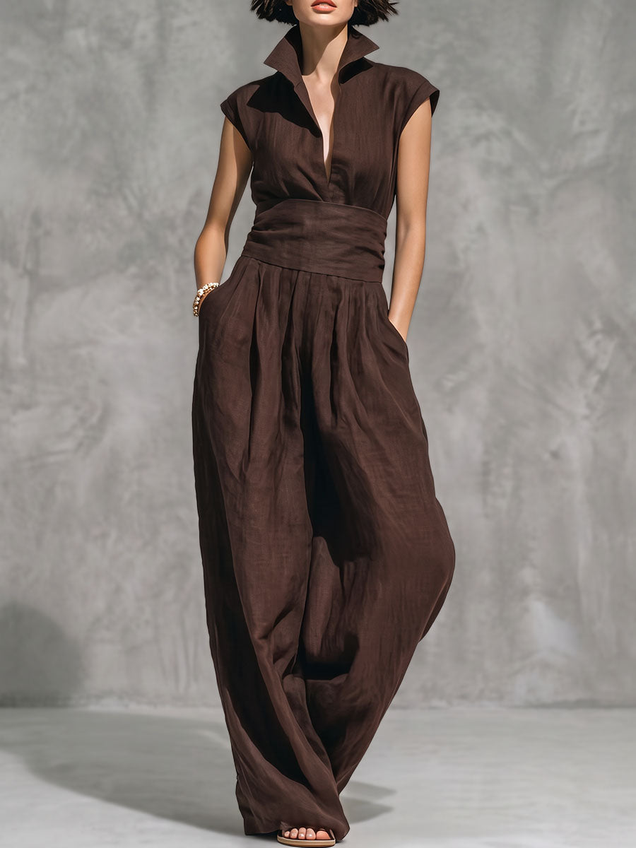 Zipper Solid Color Pockets Pleated Wide Leg High Waisted V-neck Jumpsuits