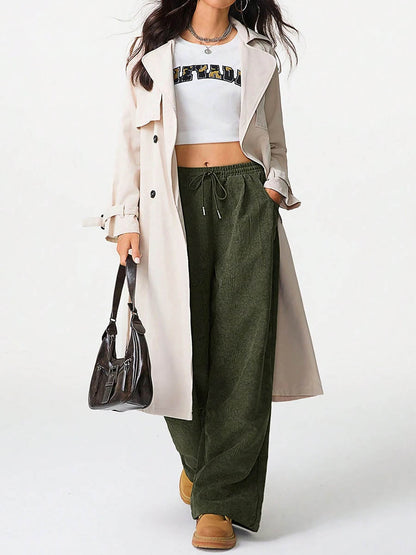 High Waisted Wide Leg Drawstring Elasticity Pockets Solid Color Pants Trousers