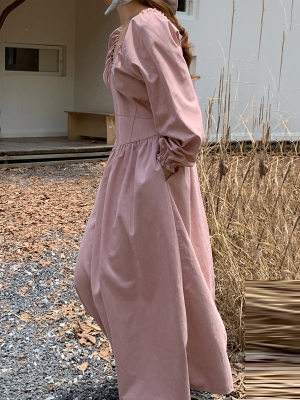 Bishop Sleeve Long Sleeves Elasticity Pleated Ruffled Solid Color Split-Joint Deep V-Neck Midi Dresses