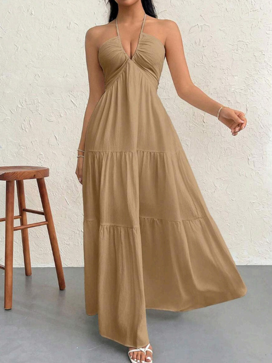 A-Line Loose Backless Pleated Solid Color Split-Joint Halter-Neck Midi Dresses