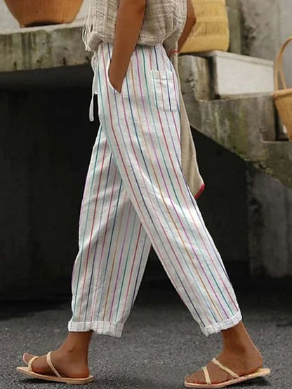 High Waisted Plus Size Contrast Color Drawstring Elasticity Pockets Printed Split-Joint Pants Trousers
