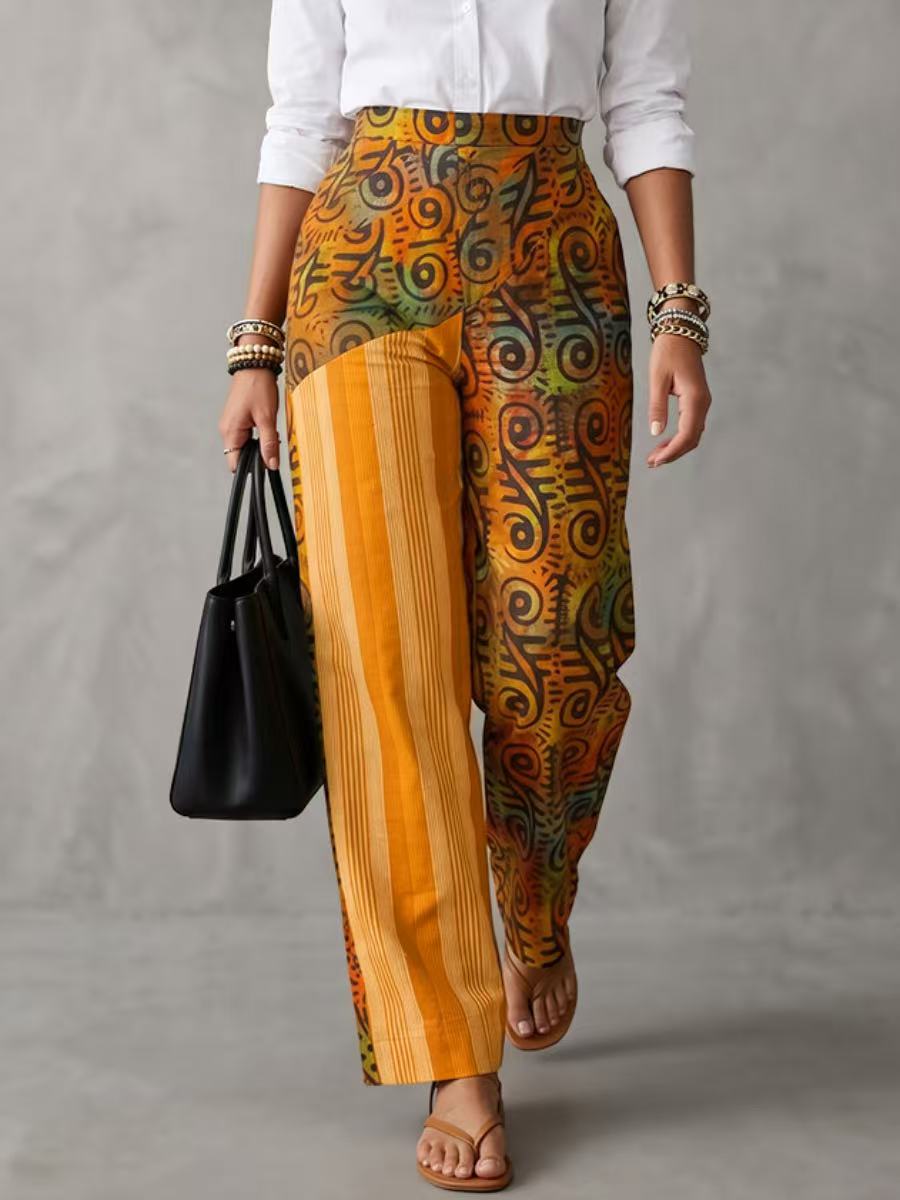 High Waisted Loose Contrast Color Pockets Printed Pants Trousers