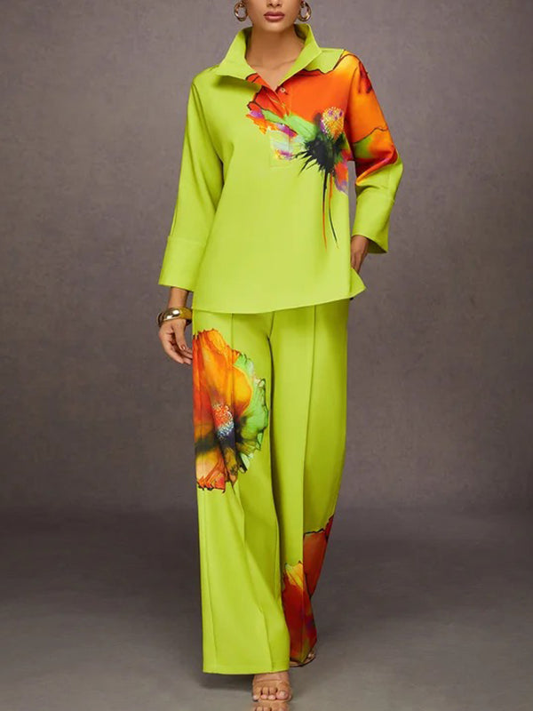 Loose Wide Leg Elasticity Flower Print Pleated Pants Trousers