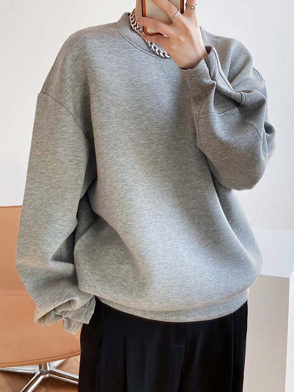 Long Sleeves Loose Solid Color Round-Neck Sweatshirt Tops