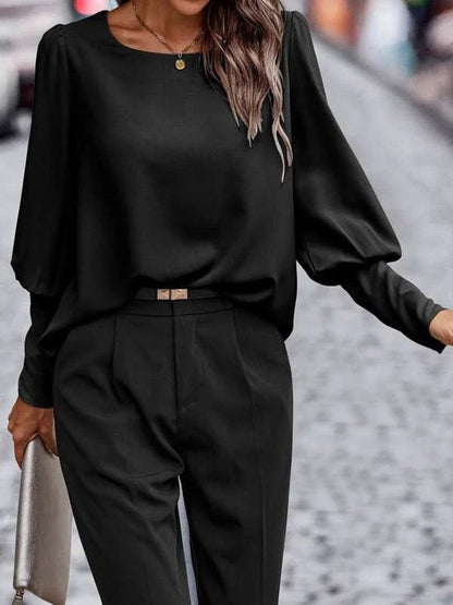 Long Sleeves Loose Buttoned Pleated Solid Color Round-Neck Blouses&Shirts Tops