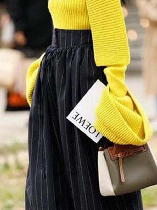 High Waisted Loose Drawstring Pleated Split-Joint Striped Pants Trousers