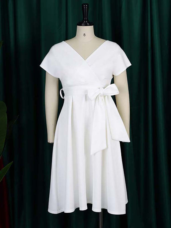 Bowknot Lace-Up Solid Color V-Neck Midi Dresses