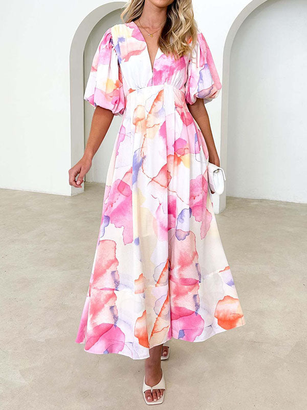 A-Line High Waisted Flower Print Pleated Split-Joint Zipper V-Neck Maxi Dresses