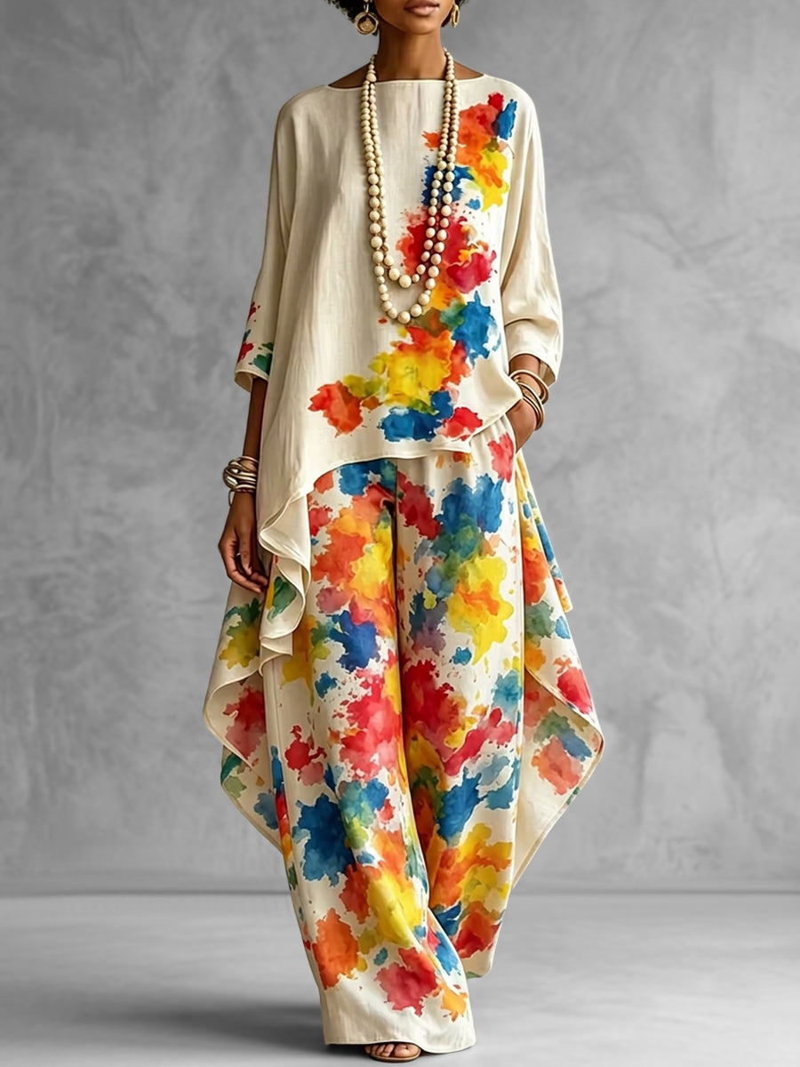 High Waisted Wide Leg Colorful Contrast Color Pockets Printed Pants Trousers