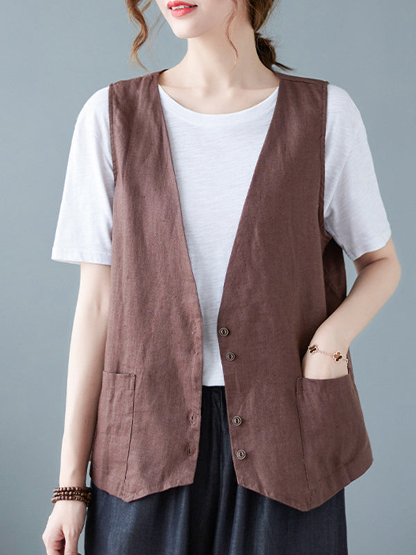 Simple Loose V-Neck Solid Color Vest