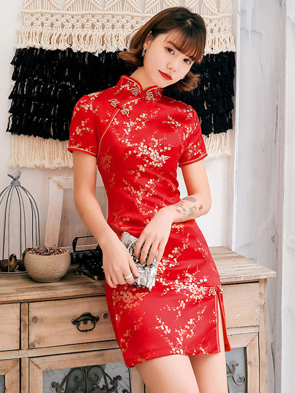 Plum Blossom Print Stand Collar Short Cheongsam