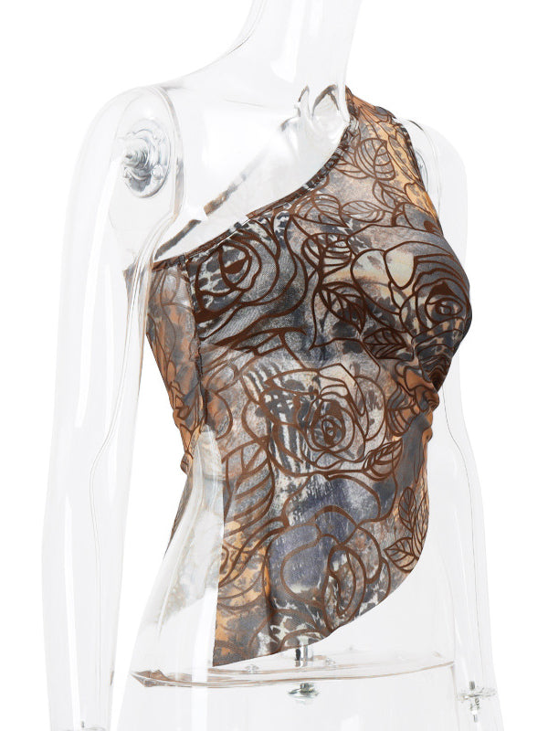 Loose Skinny Asymmetric Pleated Printed One-Shoulder Vest Top