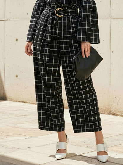 Elasticated Waist High Waisted Belted Contrast Color Split-Joint Pants
