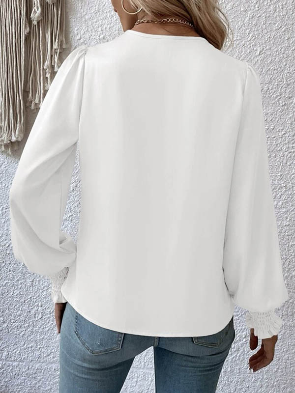 Long Sleeves Loose Elasticity Solid Color V-Neck Blouses&Shirts Tops