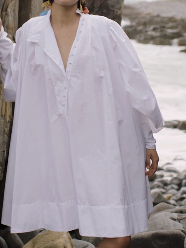 Long Sleeves Loose Buttoned Solid Color Stand Collar Mini Dresses Shirt Dress