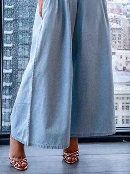 Loose Short Sleeves Pleated Solid Color Split-Joint Stretch; Elastic Off-The-Shoulder Jumpsuits