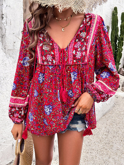 Long Sleeves Loose Contrast Color Elasticity Pleated Split-Joint Tied V-Neck Blouses&Shirts Tops