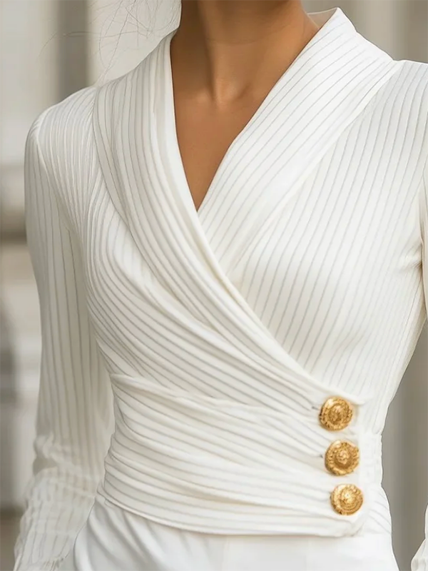 Long Sleeves Buttoned Striped V-Neck T-Shirts Tops