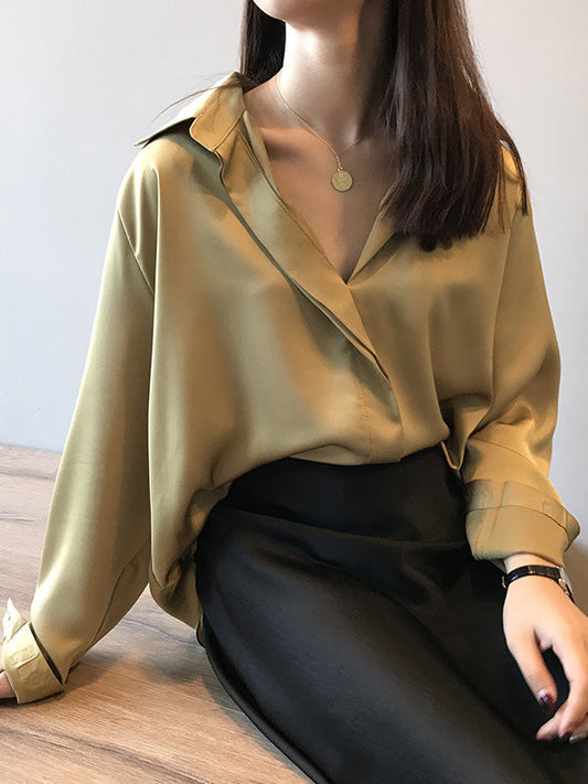 Satin V-Neck Loose Solid Color High-Low Long Sleeve Shirts