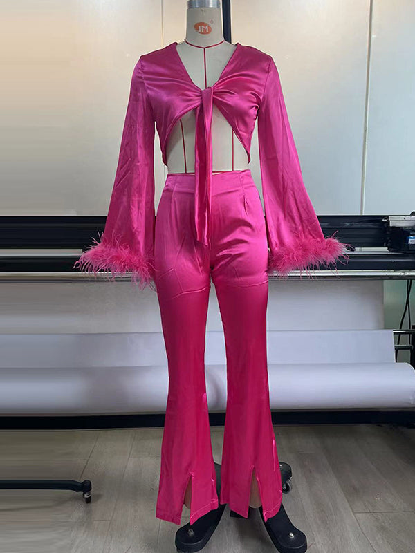 Long Sleeves Fringed Knot Solid Color Deep V-Neck Shirts Top + High Waisted Split-Front Pants Bottom Two Pieces Set