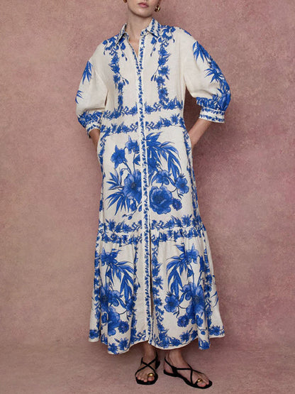 Loose Puff Sleeves Floral Printed Pleated Split-Joint Tied Waist Lapel Maxi Dresses Shirt Dress