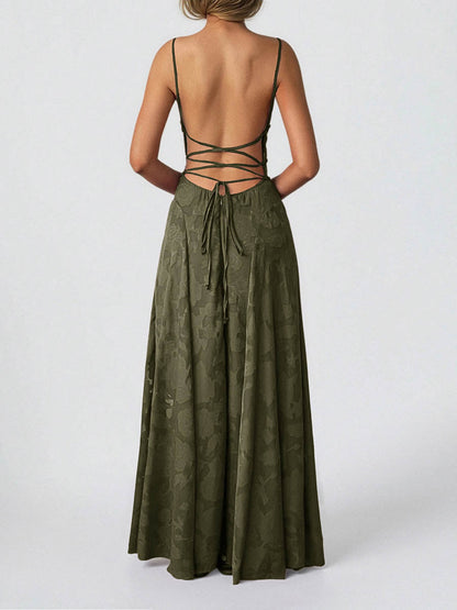 A-Line High Waisted Jacquard Pleated Solid Color Spaghetti-Neck Maxi Dresses