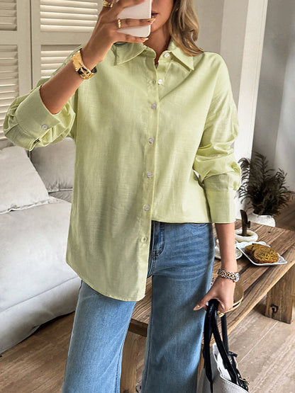 Long Sleeves Loose Buttoned Solid Color Lapel Blouses&Shirts Tops