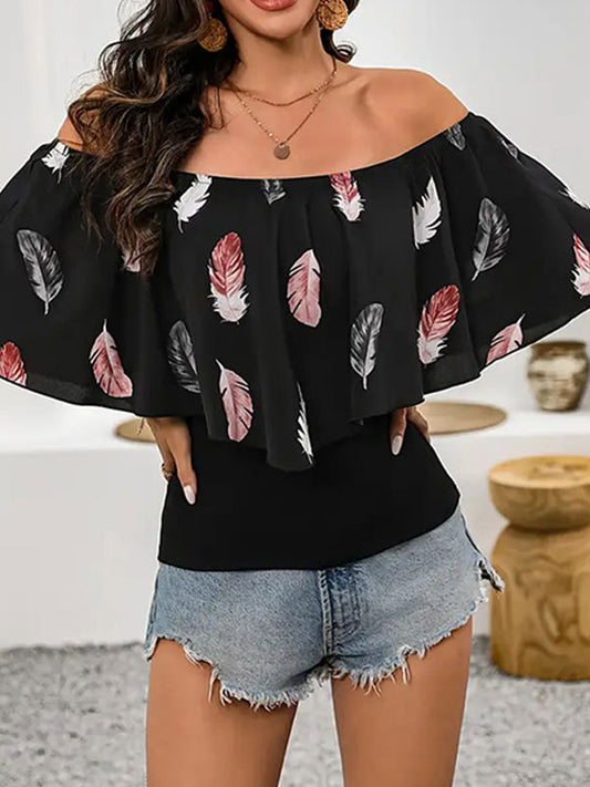 Half Sleeves Loose Leaves Print Pleated Split-Joint Off-the-shoulder Blouses&shirts Tops